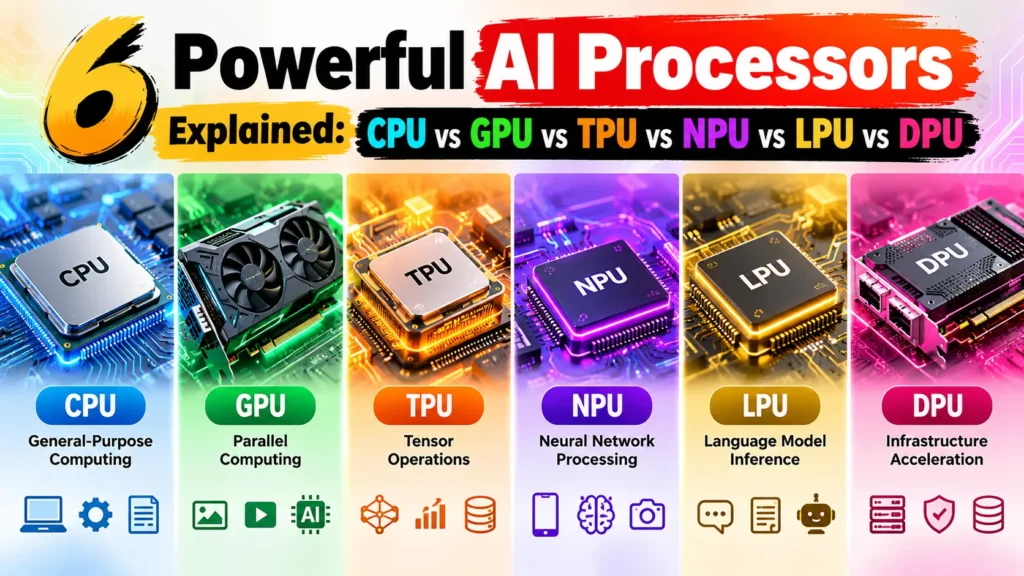 6 Powerful AI Processors Explained: CPU vs GPU vs TPU vs NPU vs LPU vs DPU